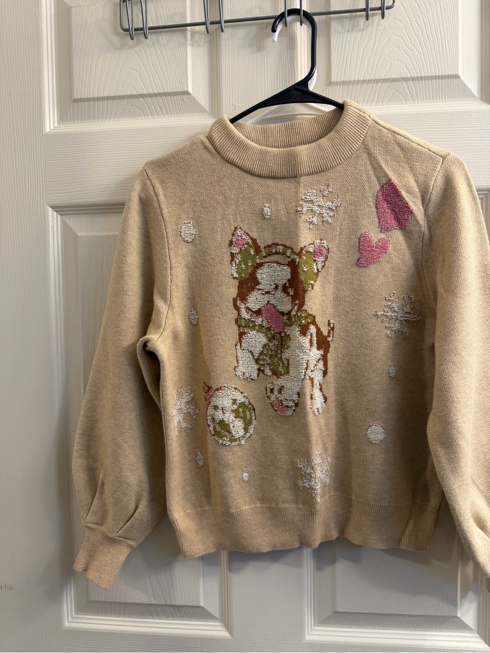 Democracy Beige Puffer-Style Sweater with Dog and Pink Hearts